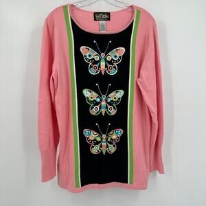 Bob Mackie Women Sweater Size M Embroidered Butterfly Pink Art To Wear Whimsical